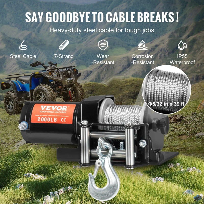 Electric Winch 2000 Lb Steel Cable For Atv Utv Waterproof