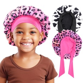 Lolalet 2 PCS Kids Bonnets for Girls, Reversible Silk Bonnet for Sleeping Satin Bonnet Cap with Wide Elastic Band -Cow & Leopard