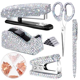 Demissle 6 Pcs Bling Office Desk Accessories Set Crystal School Stationery Kit Scissor Stapler with Staple, Tape Dispenser, Diamond Pen, Staple Remover, Binder Clip, Paper Clip, Push Pins(White)