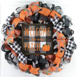 Welcome to the Patch Pumpkin Door Wreaths - Fall Thanksgiving Orange Buffalo Plaid Mesh Front Door Decor