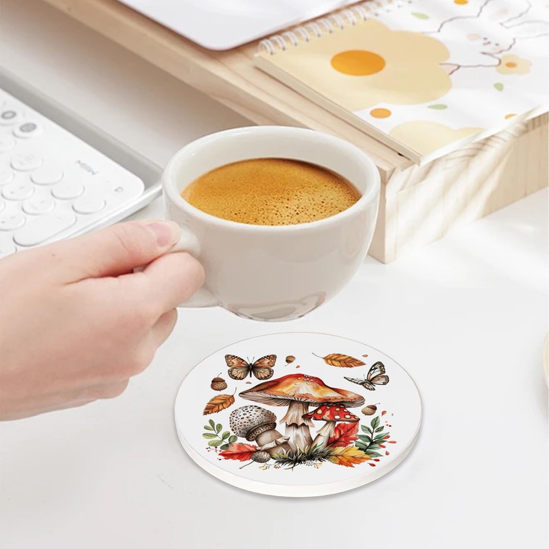 Cute Mushroom Drink Coasters with Holder,Ceramic Coasters for Tables, Cork