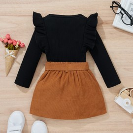 DUBASAM Trendy Kids Toddler Baby Girl Fall Outfit Ruffle Long Sleeve Knit Blouse Pullover Top Mini Skirt with Belt Clothes (Black, 6-12 Months)