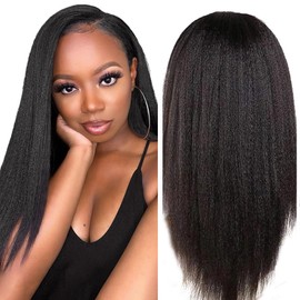 28 Inch Kinky Straight Lace Front Wigs Human Hair 4x4 Lace Closure Wigs 150% Density Middle Part Kinky Straight Wigs with Baby Hair Pre Plucked Human Hair Brazilian Transparent Lace Wig Natural Color