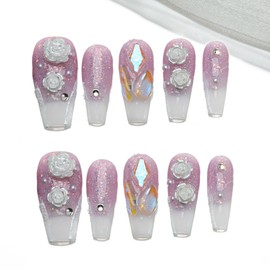 Sun&Beam Nails Handmade Press On Nail Medium Long Coffin Ballerina Purple Flower Fake Tip 3D Design Art Charms Cute with Storage Box 10 Pcs (#004 XS)