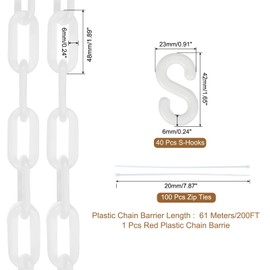 MECCANIXITY Plastic Chain 200 FT/61 M, Safety Chain White Plastic Chain Link Barrier with Zip Ties and S-Hooks for Crowd Control Queue Line Fence Decoration