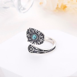 Flyow Daisy Spoon Ring for Women - Sterling Silver Vintage Oxidized Thumb Rings Victorian Turquoise Jewellery - Boho Adjustable Open Statement Rings Jewellery Gifts, Sterling Silver, Created Turquoise