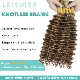 LEISWISS Human Braiding Hair for Boho Braids 150g 24 Inch Honey Blonde Deep Wave Bulk No Weft Curly Braiding Hair Extensions for Boho Braids Wet and Wavy Braiding Human Hair Bundles P4/27#
