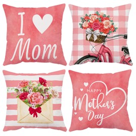 Neatee Living Mothers Day Pillow Covers 18x18 Set of 4 Pink Velvet Mom Throw Pillow Covers Carnation Floral Cushion Covers Pillow Case Gift for Mother Mom Birthday Home Outdoor Sofa Decoration (18)