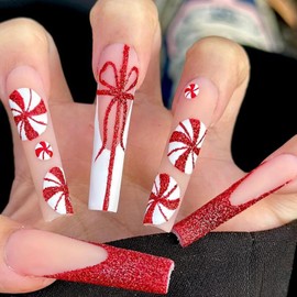 24 Pcs Christmas Press on Nails Long French Tips Fake Nails Xmas False Nails with Candy Glitter Designs Full Cover Artificial Acrylic Nails Glue on Nails Christmas Nail Decoration for Women and Girls