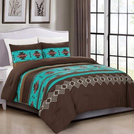 2 Piece Western Southwestern Native American Design Comforter Set Multicolor Teal Coffee Brown Embroidered Twin Size Navajo Bedding Set- Makala (Twin)