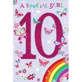 Age 10 Girl Birthday Card - 10th Birthday Glitter 10 With Rainbow 7.75 x 5.25