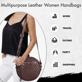 VILENCA HOLLAND Genuine Leather Round Crossbody Bags For Women, Sling Bag For Women Crossbody Purse Trendy Casual Office Bag With Adjustable Strap (VL-171-BROWN)