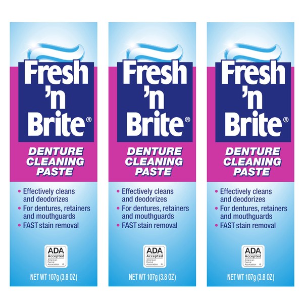 Fresh 'n Brite Denture Cleaning Paste For Dentures, Removable Partial Dentures, Retainers, Mouthguards, Nightguards, Fast Stain Removal, pack of 3, 3.8 oz Tubes