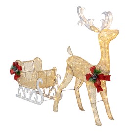 Shintenchi Christmas Lighted Reindeer and Sleigh Decor,Outdoor Christmas Light Decoration Set w/ 200 LED Lights, Pre-lit Glittered Standing Ornaments for Christmas Garden Patio Yard Front Door Indoor