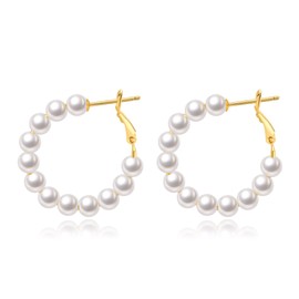 Pearl Hoop Earrings for Women Small Pearl Hoop Earrings,Gold Plated Lightweight Open Large Circle Round Pearl Earrings Jewelry Birthday Gift for Women