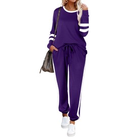 Aloodor Sweat Suits for Womens Cute Outfits with Striped Sleeve Pueple L