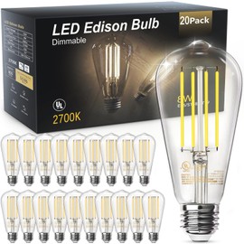 TJOY 20 Pack Vintage 8W ST58 LED Edison Light Bulbs, Dimmable, 60W Equivalent, 800Lumens, 2700K Warm White, E26 Base LED Filament Bulb, CRI80+, Antique Glass Style for Home, Bedroom, Office, Farmhouse