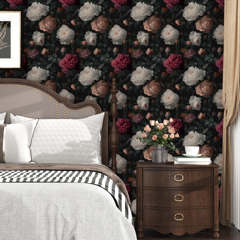 Laatse Dark Red Peony Floral Wallpaper Peel and Stick 17.5"x118"