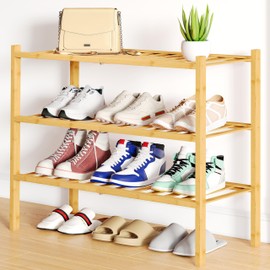 Smiry Shoe Rack, 3 Tier Bamboo Shoe Organizer, Stackable Free Standing Wooden Shoe Storage Shelf for Closet, Entryway, Front Door Entrance, Natural