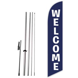 Welcome (Blue) Advertising Feather Flag Banner with Complete 15ft Pole kit and Ground Spike
