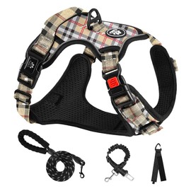 NESTROAD No Pull Dog Harness with Leash, Reflective No Choke Pet Vest Harness,Adjustable Soft Padded Dog Harness with Easy Control Handle for Medium Dogs(Checkered Beige,Medium)