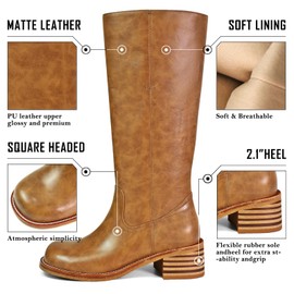 VBDB Brown Knee High Boots for Women Platform Square Toe Chunky Heel Wide Calf Campus Boots Tall Riding Long Boots Size 8.5
