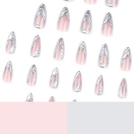 24 Pcs Silver French Tip Press on Nails Medium Fake Nails Almond Shape False Nails with 3D Wave Designs Stiletto Nail Tips Full Cover Glue on Nails Acrylic Nails Press ons for Women DIY Manicure