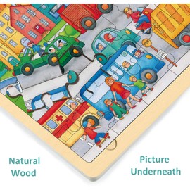 MoinKidz Wooden Puzzle for 3 Year Old with Picture Underneath, 24 Piece Puzzles for Kids Ages 3-5 Traffic Theme, Unique Shape Jigsaw Pieces Preschool Toddler Puzzles Ages 2-4 with Puzzle Tray