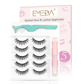 EMEDA Natural lashes with glue and tweezers 5 Pair Natural look eyelashes with lash glue 3D Short Natural false lashes Kit Strip Fake Lashes With Applicator (Natural 1)