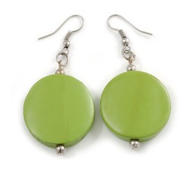 Pear Green Wood Coin Drop Earrings - 55mm
