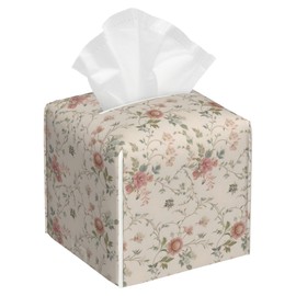 Vintage Pink Floral Flowers and Vines Tissue Box Cover Square Leather Tissue Holder Waterproof Facial Paper Organizer Dispenser Cube Paper Cover Case for Home Office Bathroom Vanity Countertop
