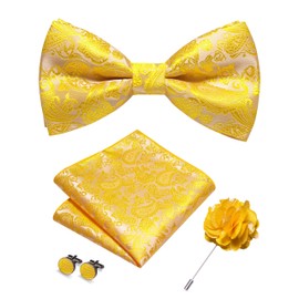 JEMYGINS Herren Paisley Fliegen set inklusive Einstecktuch Manschettenknöpfen und Boutonniere geeignet für Hochzeitsbankette und Partys Leuchtendes Gelb-Weiß