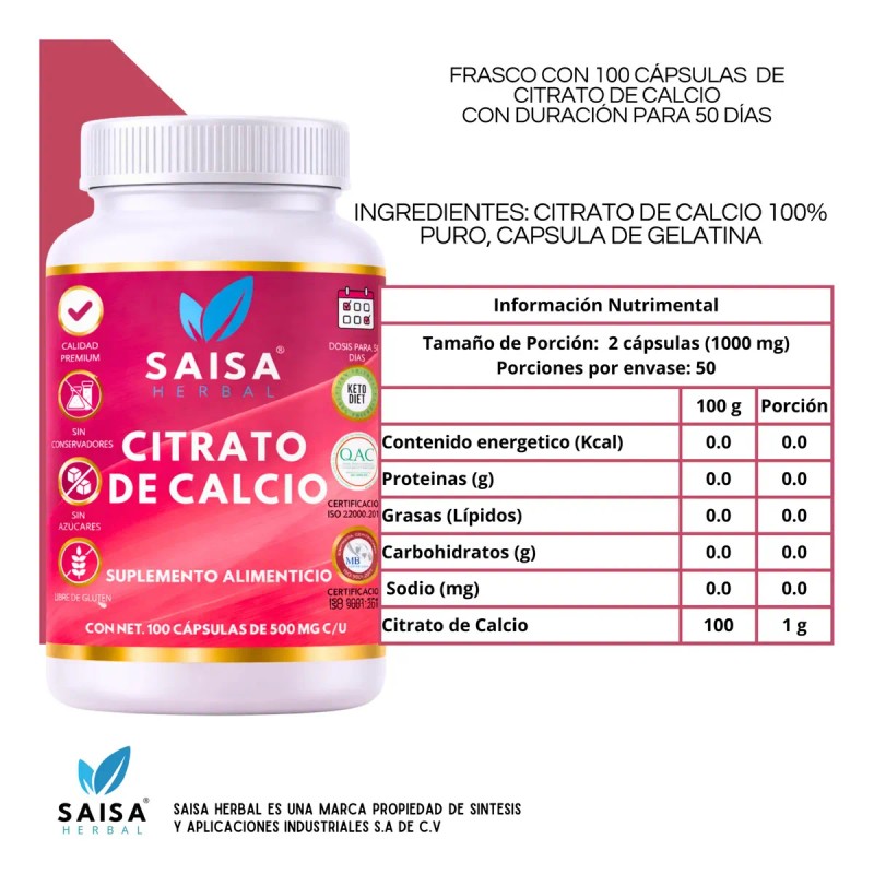 Citrato Calcio Saisa Herbal Suplemento Huesos Dientes Fuertes
