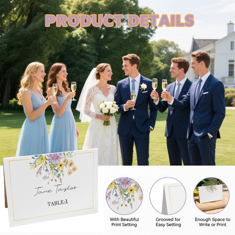 100 Pcs Watercolor Wildflower Place Cards - Tented Folding Seating