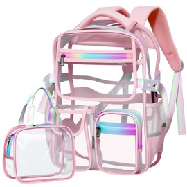 Clear Backpack for Girls with Lunch Bag, Heavy Duty Transparent Backpack Stadium Approved, TPU Waterproof Pink Bookpack with Reflective Strips, Large Clear Backbag for School Travel Work Concert