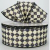 2.5" Harlequin wired ribbon black cream canvas court jester diamond