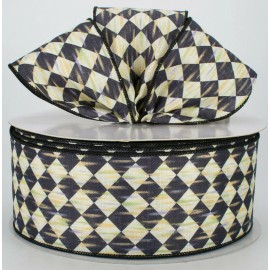 2.5" Harlequin wired ribbon black cream canvas court jester diamond 5 yards