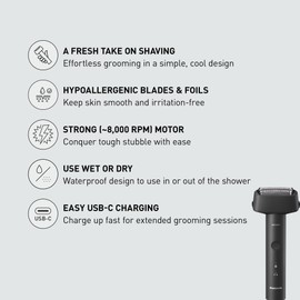 Panasonic Electric Razor for Men, Wet Dry Shaver with 3-Blade Cutting System, Ergonomic Handle and USB-C Charging- ES-RM3B-K