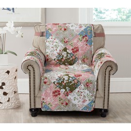 Brilliant Sunshine Peach and Olive Flowers Patchwork Quilted Chair Slipcover, 23" Seat Width, Slip Resistant Furniture Protector, 2" Strap, Washable Armchair Cover for Pets, Kids, Peach Olive
