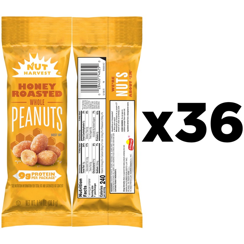 Nut Harvest, Honey Roasted Peanuts,1.375 oz Bag, (36 Pack)