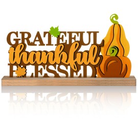 Realspring Fall Decorations for Home Grateful Thankful Blessed Metal Sign Thanksgiving Table Decor Fall Tiered Tray Decor with Wooden Base Rustic Metal Word Sign for Home Tabletop Centerpiece Mantel