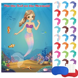 FEPITO Mermaid Party Supplies Pin The Tail on The Mermaid Party Game with 24Pcs Tail Stickers for Kids Birthday Party