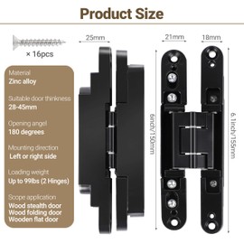 Hidden Door Hinges（2 Pcs）- 6 x 2 x 1.2 inch Black Thin Invisible Hinges for Doors Zinc Alloy Concealed Hinge, 3 Way Adjustable Hinges, 180°Swing Invisible Hinges for 28-45mm Door Thickness
