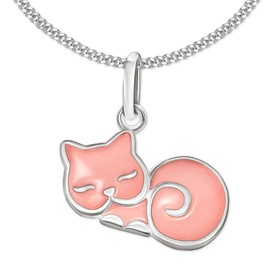 CLEVER SCHMUCK Set Silver Children's Pendant Cat 12 x 8 mm Sleeping Light Pink Varnished Shiny Curb Chain 38 cm Sterling Silver 925 in Case Pink, Sterling Silver, No Gemstone
