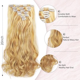 Vlasy Hair Extensions Clip in,7PCS Wavy Clip in Extensions,20 Inches Long Synthetic Clip on Hair Hairpiece Full Head for Women Girls(10/16#)