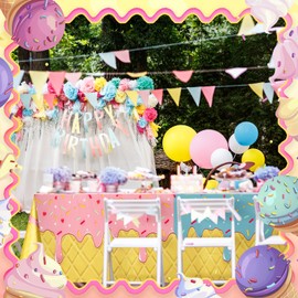 Oudain 12 Pcs Ice Cream Party Tablecloth Ice Cream Birthday Decorations 43 x 71 Inches Sweet Colorful Sundae Disposable Plastic Rectangular Table Cover Banner for Summer Bar Party Supplies
