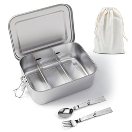 Feelhap Stainless Steel Lunch Box with 2 Compartments, 2400 ml Adult Lunch Box with Carry Bag, Foldable Spoon, Fork, Leak-Proof Metal Lunch Box for Adults, Stainless Steel Lunch Box with Divider