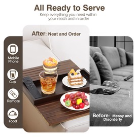Kssiaz Couch Arm Tray, Bamboo Sofa Table for Couch, Sofa Armrest Tray Table, Anti-Slip Armrest Organizer, Foldable Couch Cup Holder for Snacks, Phone, Control, Cups, Brown