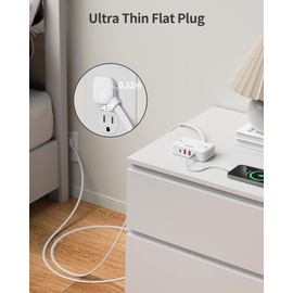 HOPOW Flat Plug Extension Cord, 6 Ft Ultra Thin Power Strip with 4 AC Wide Spaced Outlets and 4 USB (2 USB-C) Ports, No Surge Protector for Cruise Ship, White Extension Cord for Travel Home Office