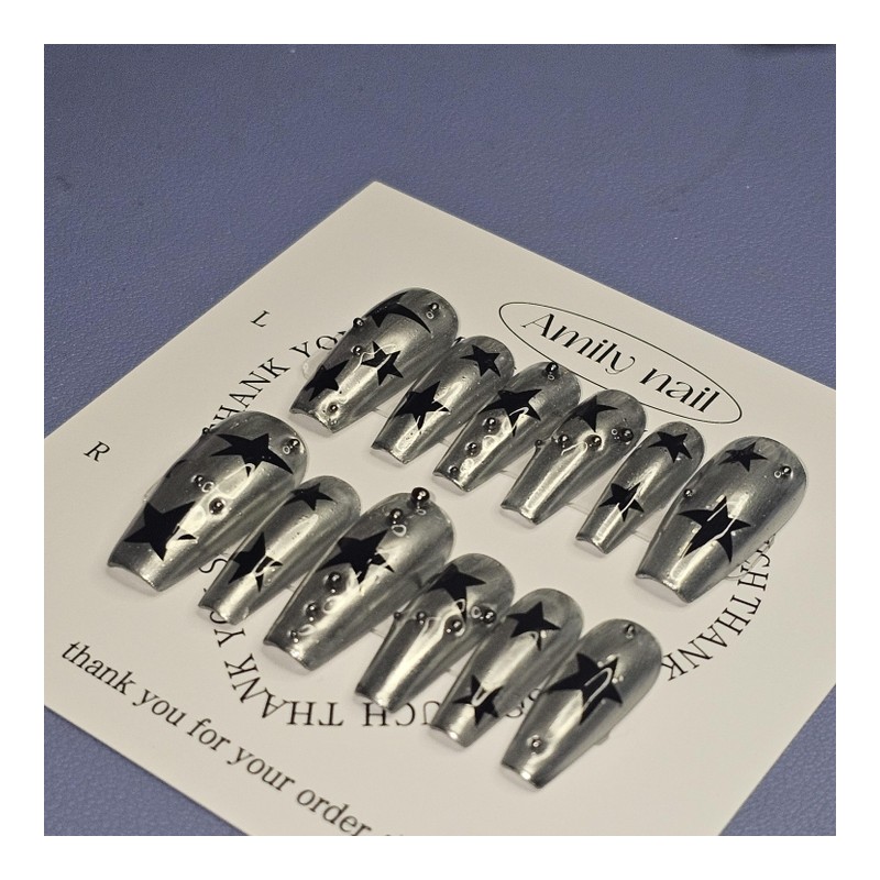 Silver Star [Handmade Nail Tips] Emily Nail - Coffin /